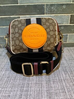 Coach Dempsey Camera Bag In Signature Jacquard w/Orange Coach Patch